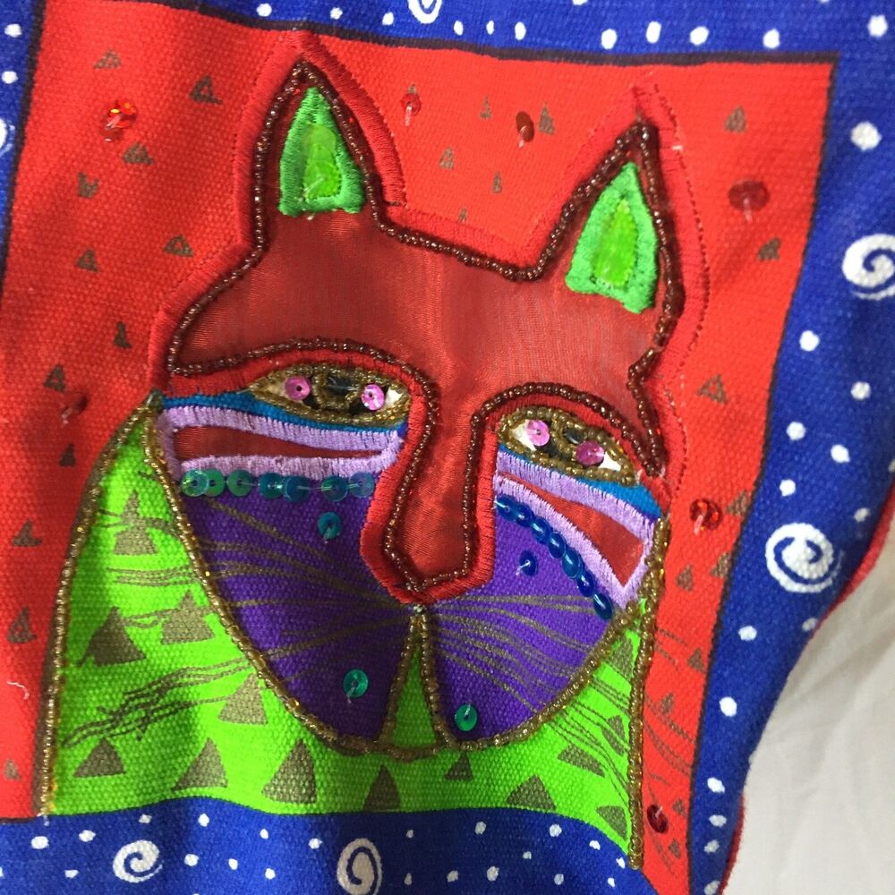 Laurel Burch Multicolored Cat Canvas Tote Bag Beaded Sequin Colorblock Charm - Picture 4 of 10